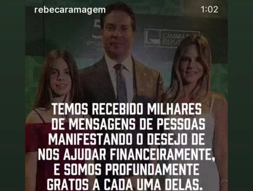 A postagem de Rebeca Ramagem, agradecendo as ofertas de ajuda financeira à família, que está nos Estados Unidos