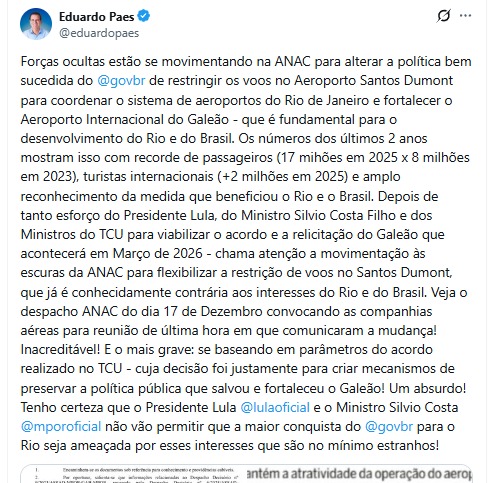 Anac estuda fim de restrição de voos no Santos Dumont e Paes critica eventual medida: ‘um absurdo’ 62 WhatsApp Image 2025 12 21 at 14.16.17 1