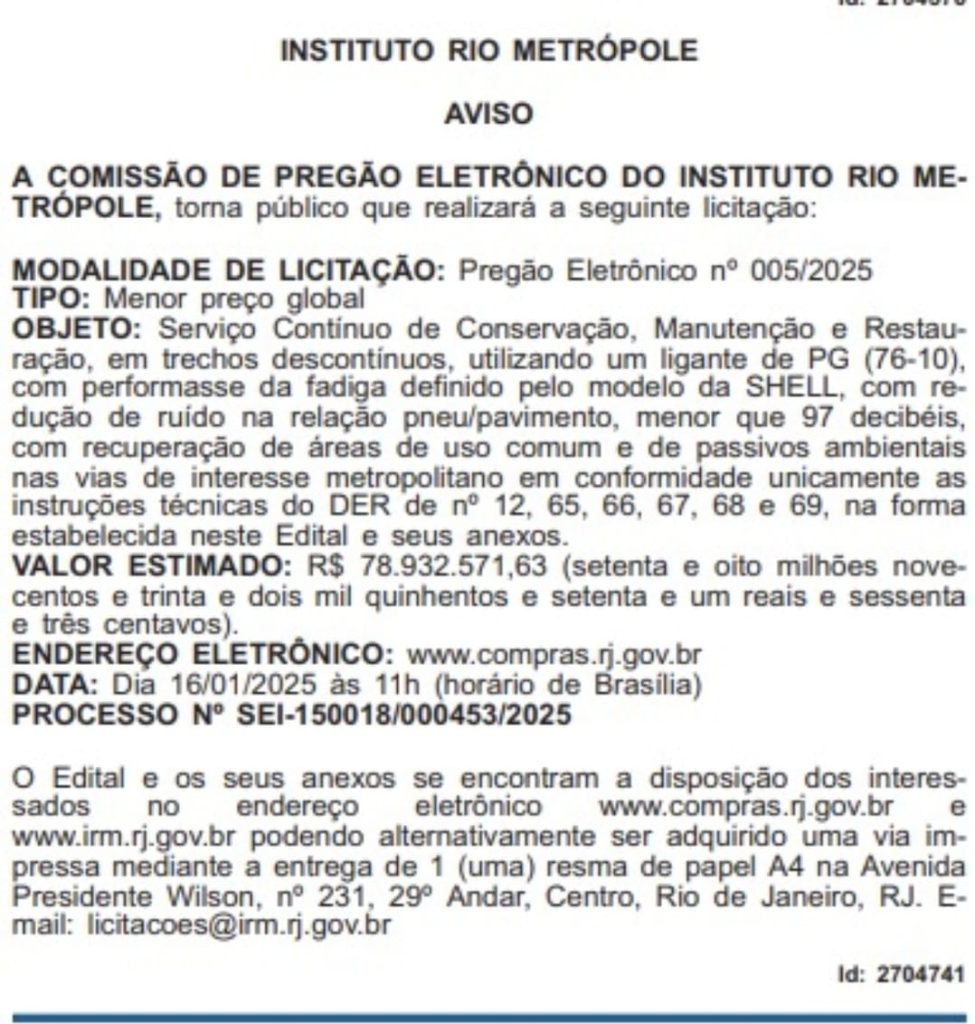 Rio Metrópole abre licitação 'misteriosa' para manutenção de pavimento, e exige uso de ligante especialíssimo; valor estimado do pregão é de R$ 78,9 milhões 62 WhatsApp Image 2025 12 30 at 12.09.03