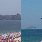 Avião de propaganda que caiu em Copacabana é retirado do mar um dia após o acidente