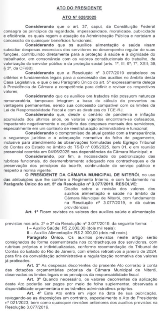 Ato da presidência determinou, em junho, reajuste de auxílios de servidores - Foto: Reprodução/Diário Oficial