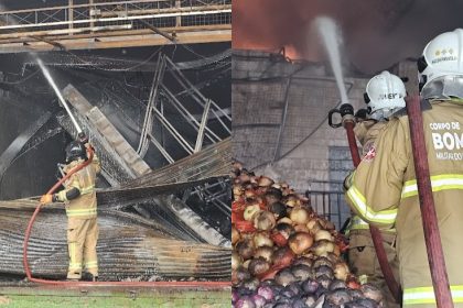 Desde a madrugada, cerca de 110 agentes atuam no combate às chamas em lojas da Ceasa