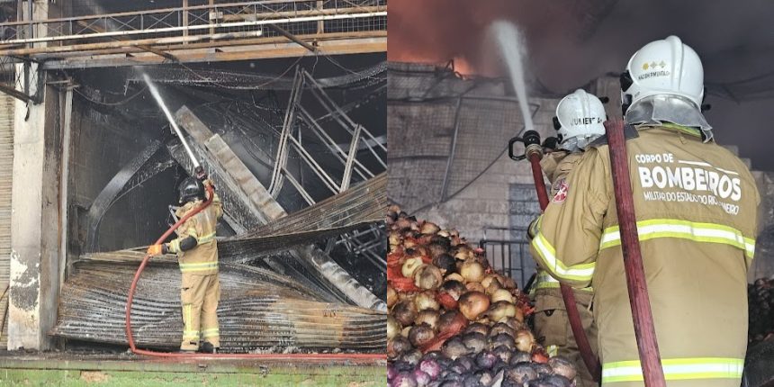 Desde a madrugada, cerca de 110 agentes atuam no combate às chamas em lojas da Ceasa