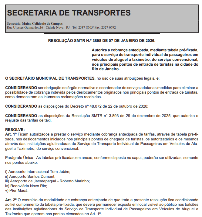 Prefeitura atualiza tabela de preços para cobrança antecipada de corridas de táxi no Rio 62 Captura de tela 2026 01 08 075732