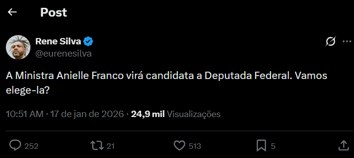Rene Silva convida eleitores a votarem em Anielle Franco para o cargo de deputada federa