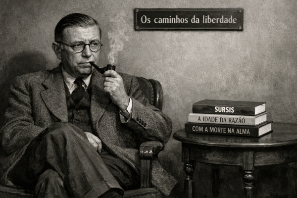 Sartre: a liberdade que assusta, mas também liberta 65 Sartre defendia que “a existência precede a essência”. Traduzindo para o português de botequim: a gente nasce sem manual de instruções, sem destino pronto, sem rótulo definitivo.