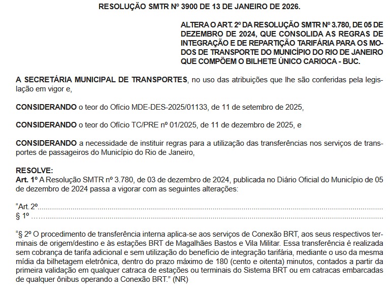 Prefeitura muda regras do Conexão BRT e autoriza conferência tarifária na saída de estações 62 Resolução de nº 3900 da Secretaria Municipal de Transportes aplica novas regras para cobrança de tarifa no BRT