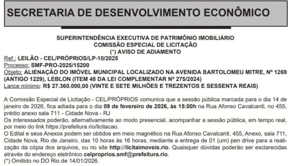 Não é piada: Prefeitura do Rio remarca — de novo! — leilão da antiga Gerência de Conservação do Leblon; lance mínimo é de R$ 27,36 milhões 62 WhatsApp Image 2026 01 19 at 10.59.01