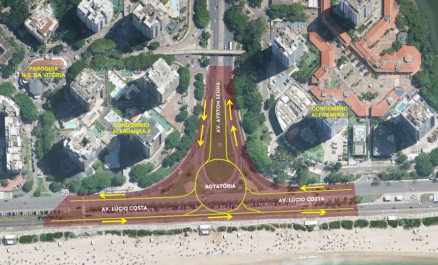 O ponto onde vai entrar a nova rotatória, no encontro entre as avenidas Ayrton Senna e Lúcio Costa, na Barra