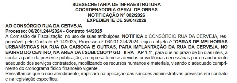Ritmo lento na Rua da Cerveja: prefeitura pressiona consórcio para acelerar obras de revitalização do Centro 62 WhatsApp Image 2026 01 29 at 07.27.57