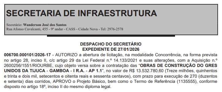 Prefeitura autoriza licitação de R$ 13,5 milhões para obras da nova quadra da Unidos da Tijuca 62 WhatsApp Image 2026 01 30 at 11.13.09