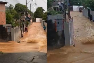 Rua em Xerém, bairro de Duque de Caxias, alagada após rompimento de adutora da Águas do Rio