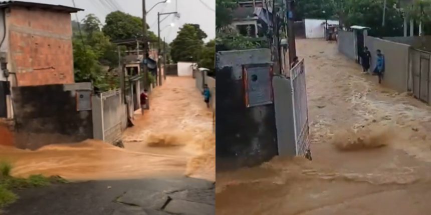 Rua em Xerém, bairro de Duque de Caxias, alagada após rompimento de adutora da Águas do Rio