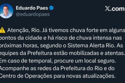 Em postagem nas redes sociais, o prefeito Eduardo Paes alertou nesta segunda-feira para o risco de chuva forte no Rio, segundo o Sistema Alerta Rio.
