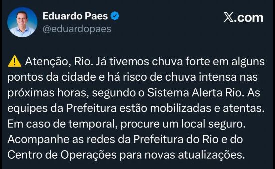 Em postagem nas redes sociais, o prefeito Eduardo Paes alertou nesta segunda-feira para o risco de chuva forte no Rio, segundo o Sistema Alerta Rio.