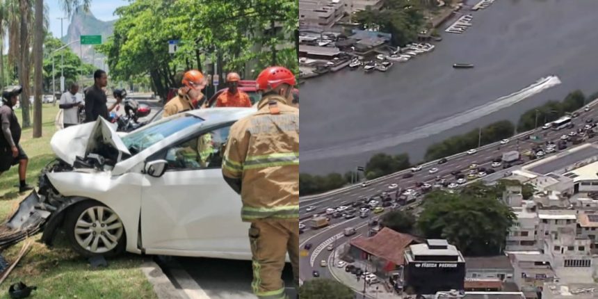 Carro bateu em árvore na pista sentido Zona Sul da Autoestrada Lagoa-Barra