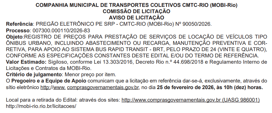 Prefeitura do Rio abre licitação de R$ 577 milhões para novas empresas de ônibus 62 Captura de tela 2026 02 06 103245