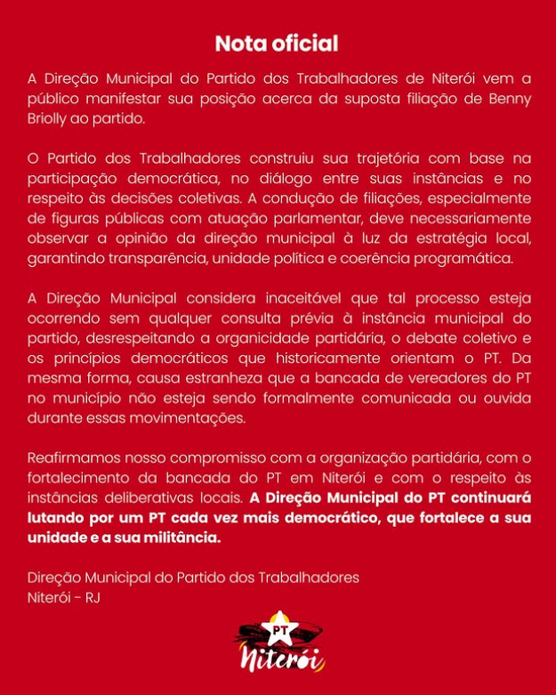PT estadual dá ‘carteirada’ em diretório municipal e defende filiação de Benny Briolly, quinta vereadora mais votada de Niterói 62 Captura de tela 2026 02 26 112655