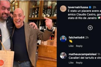 O governador Cláudio Castro, em postagem nas redes sociais da Taverna Trilussa, tradicional restaurante de Roma, na Itália