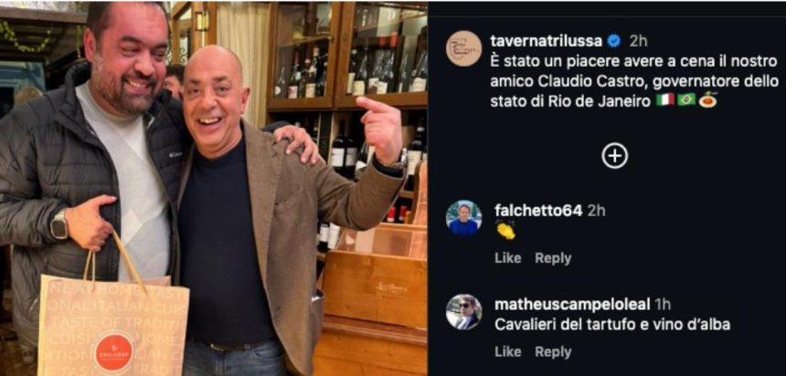 O governador Cláudio Castro, em postagem nas redes sociais da Taverna Trilussa, tradicional restaurante de Roma, na Itália