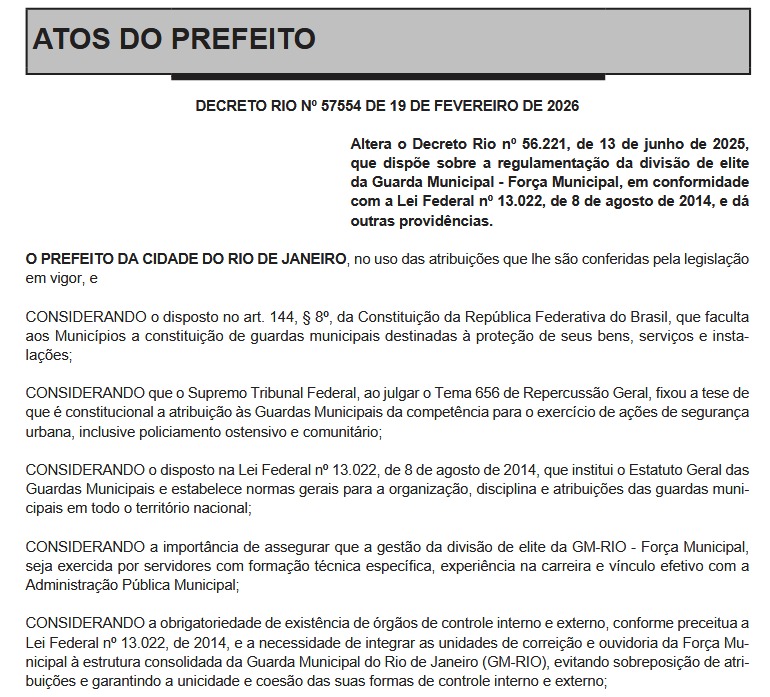Paes publica as novas regras da Força Municipal para destravar porte de armas com a Polícia Federal 62 WhatsApp Image 2026 02 20 at 06.36.25