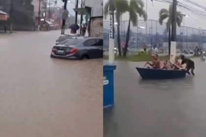 Imagens de ruas alagadas em Duque de Caxias após temporal