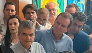 Eduardo Cavaliere, Jane Reis, Washington Reis, Pedro Paulo, Eduardo Paes e Netinho Reis na sede do MDB