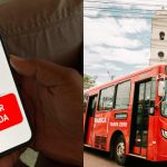 Do lado esquerdo, o aplicativo do "botão do pânico"; do lado esquerdo, um ônibus da frota de "vermelhinhos" de Maricá