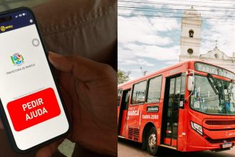 Do lado esquerdo, o aplicativo do "botão do pânico"; do lado esquerdo, um ônibus da frota de "vermelhinhos" de Maricá