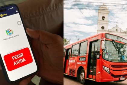 Do lado esquerdo, o aplicativo do "botão do pânico"; do lado esquerdo, um ônibus da frota de "vermelhinhos" de Maricá