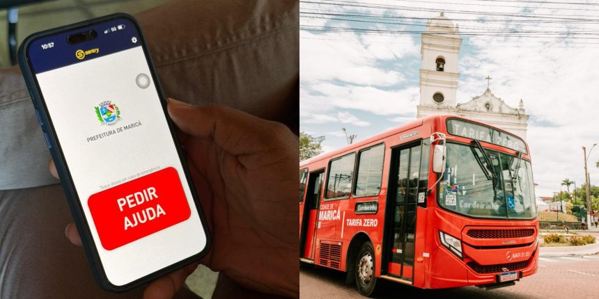 Do lado esquerdo, o aplicativo do "botão do pânico"; do lado esquerdo, um ônibus da frota de "vermelhinhos" de Maricá