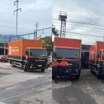 Caminhões da Defesa Civil saindo para entregar kits de ajuda para municípios afetados por chuvas