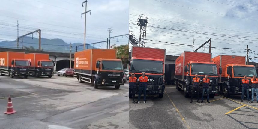 Caminhões da Defesa Civil saindo para entregar kits de ajuda para municípios afetados por chuvas