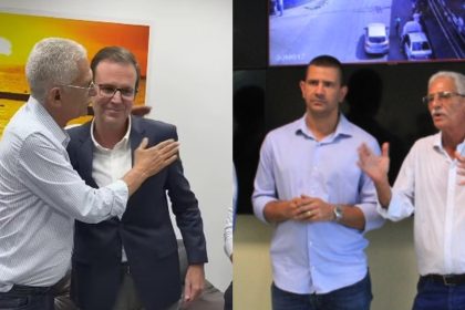 No lado direito, foto de abraço entre Capitão Nelson e Eduardo Paes; no esquerdo, Nelson ao lado do filho, Douglas Ruas