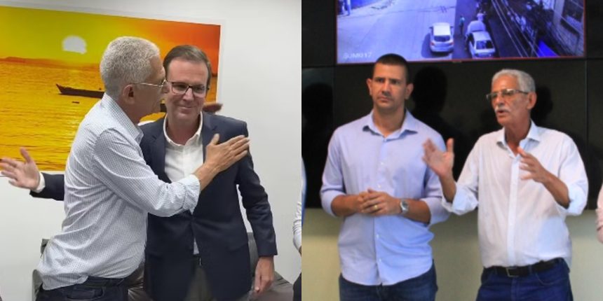 No lado direito, foto de abraço entre Capitão Nelson e Eduardo Paes; no esquerdo, Nelson ao lado do filho, Douglas Ruas