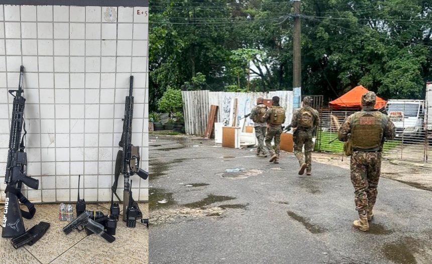 À esquerda, fuzis apreendidos; à direita, agentes do Bope em operação contra "Equipe Caos", em Vargem Grande