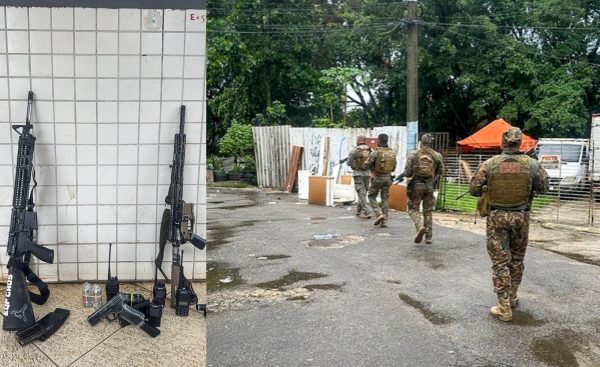 À esquerda, fuzis apreendidos; à direita, agentes do Bope em operação contra "Equipe Caos", em Vargem Grande