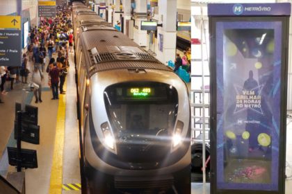 No lado esquerdo, linha de metrô chegand0 à estação no Rio; no lado direito, estação de glitter da MetrôRio