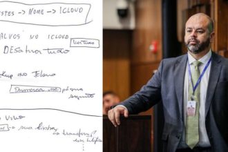 Do lado direito, anotações encontradas na casa de Rui; do lado esquerdo, Rui Bulhões, ex-chefe de gabinete de Bacellar