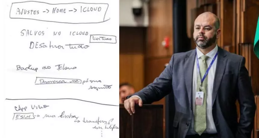 Do lado direito, anotações encontradas na casa de Rui; do lado esquerdo, Rui Bulhões, ex-chefe de gabinete de Bacellar