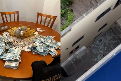 À esquerda, verba apreendida durante operação que investiga Rioprevidência; à direita, dinheiro arremessada pela janela de apartamento em Santa Catarina