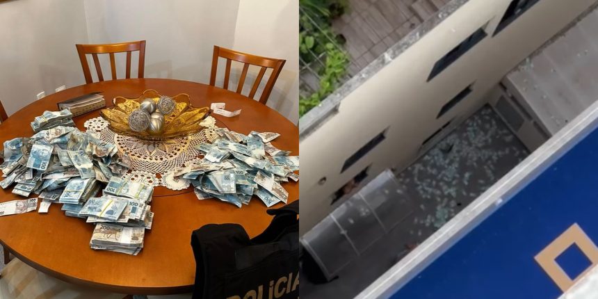 À esquerda, verba apreendida durante operação que investiga Rioprevidência; à direita, dinheiro arremessada pela janela de apartamento em Santa Catarina