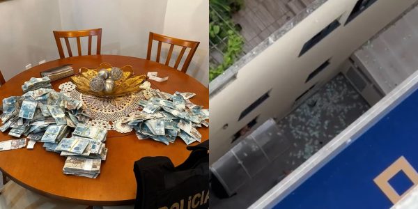 À esquerda, verba apreendida durante operação que investiga Rioprevidência; à direita, dinheiro arremessada pela janela de apartamento em Santa Catarina