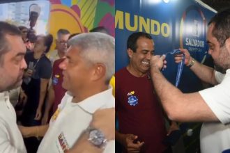 No lado esquerdo, Castro abraça Jerônimo; no lado direito, Castro concede medalha a prefeito de Salvador