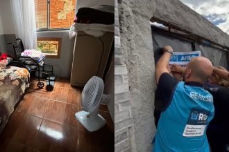 À esquerda, um dos cômodos do asilo clandestino; à direita, agentes municipais interditam espaço irregular