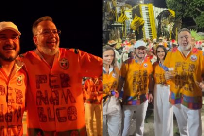 O prefeito de Belford Roxo, Márcio Canella, e o presidente nacional do União Brasil, Antonio Rueda, em desfile na Sapucaí