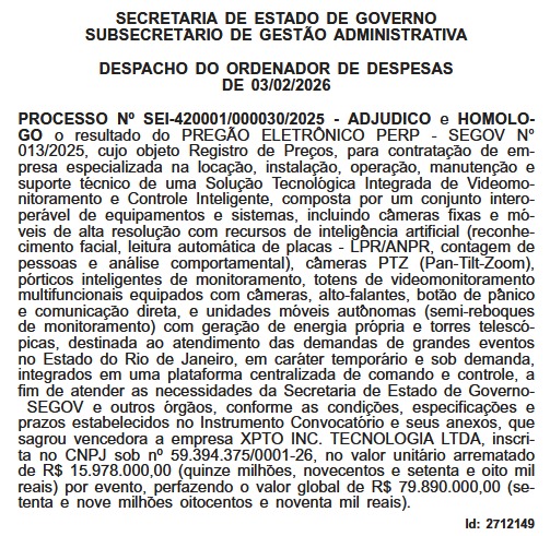 Estado conclui licitação de quase R$ 80 milhões para videomonitoramento em grandes eventos 62 publicacao edital