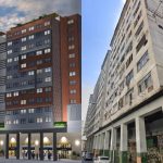 No lado esquerdo, uma imagem do projeto de retrofit do "Prédio da Caixa"; do lado direito, uma imagem das atuais condições da fachada do prédio, que está desocupado