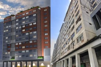 No lado esquerdo, uma imagem do projeto de retrofit do "Prédio da Caixa"; do lado direito, uma imagem das atuais condições da fachada do prédio, que está desocupado