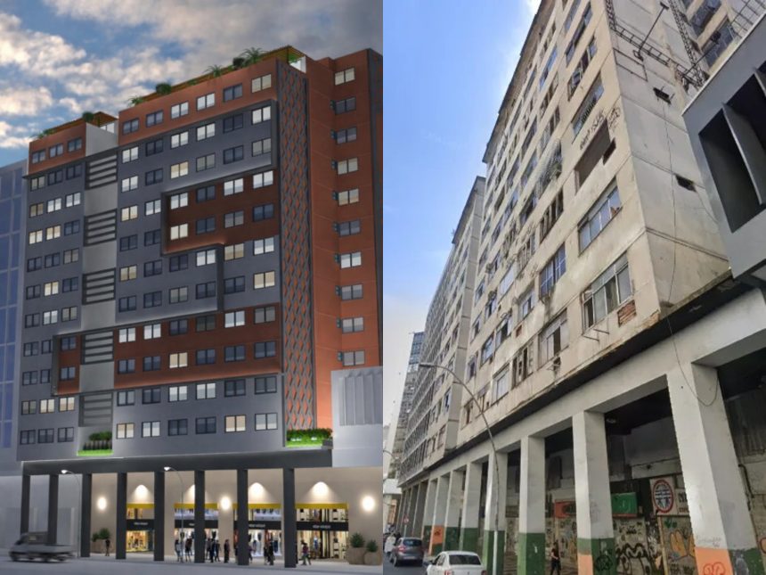 No lado esquerdo, uma imagem do projeto de retrofit do "Prédio da Caixa"; do lado direito, uma imagem das atuais condições da fachada do prédio, que está desocupado